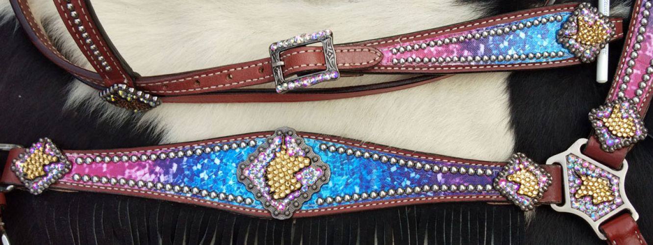 Showman Galaxy print browband headstall and breastcollar set with unicorn conchos and black suede leather fringe #2